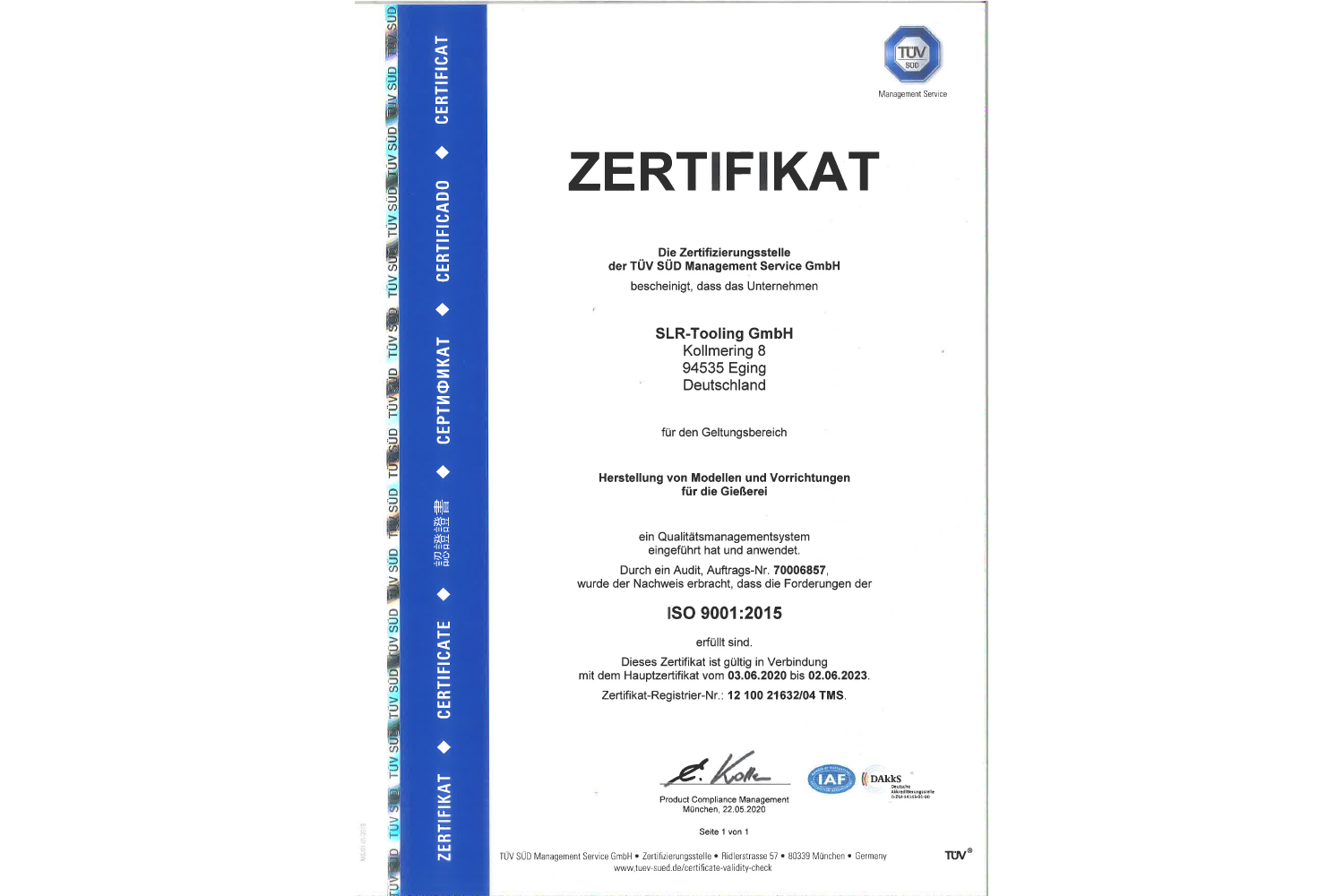 ISO 9001:2015 Zertifikat der SLR-Tooling GmbH